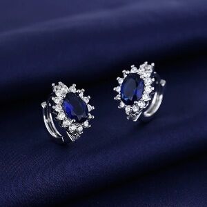 Diana Engagement Ring Oval Cut Sapphire Compass Set Hoop Blue Silver Earrings
